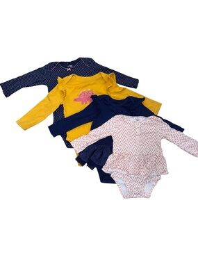 Simple Long-Sleeve Ruffle Bodysuit Set in Navy, Mustard & Pink